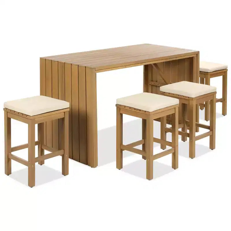 Ensemble de meubles de patio extérieur 5 pièces Whisen en bois d'acacia avec table de bar, 4 tabourets et coussins