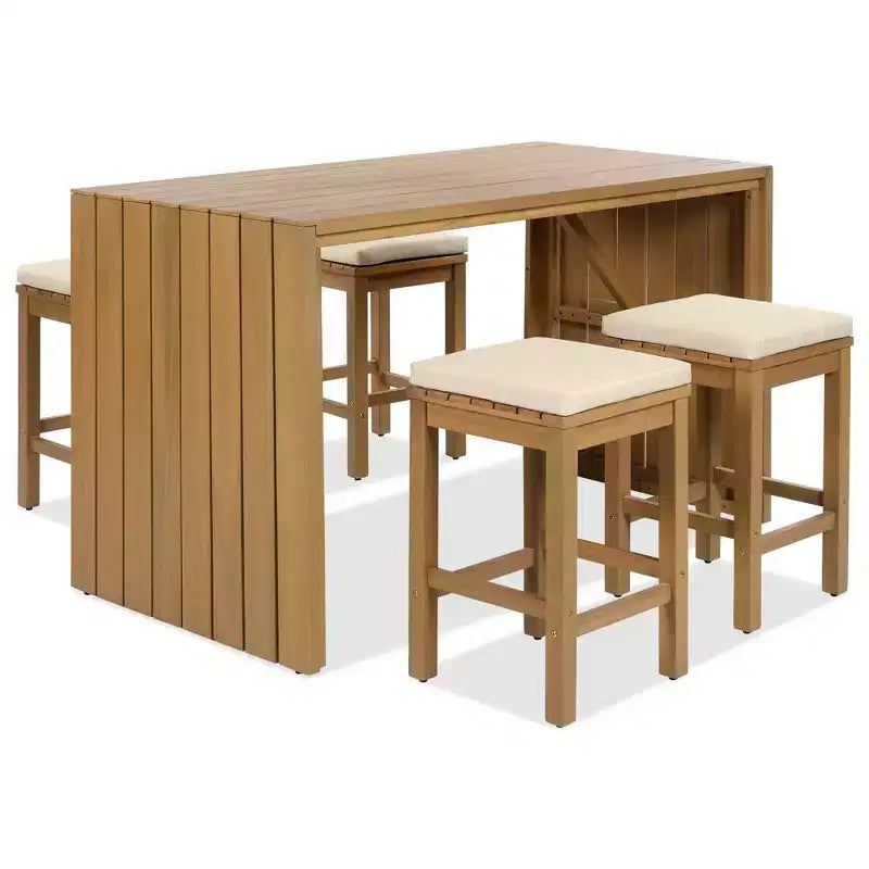 Ensemble de meubles de patio extérieur 5 pièces Whisen en bois d'acacia avec table de bar, 4 tabourets et coussins