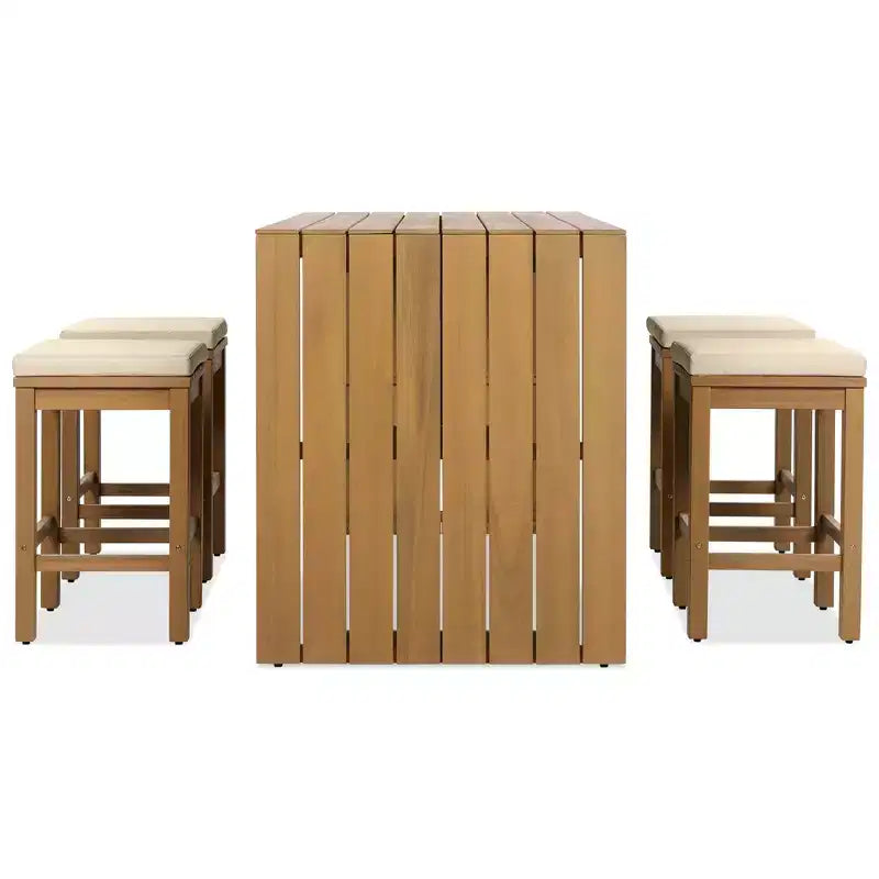 Ensemble de meubles de patio extérieur 5 pièces Whisen en bois d'acacia avec table de bar, 4 tabourets et coussins