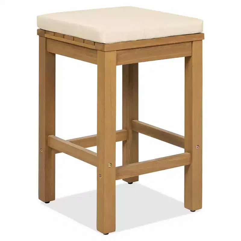 Ensemble de meubles de patio extérieur 5 pièces Whisen en bois d'acacia avec table de bar, 4 tabourets et coussins