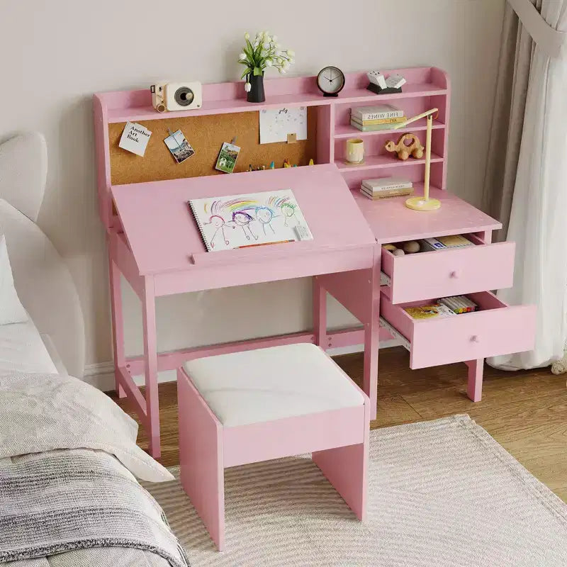 Ensemble bureau et chaise pour enfants, table d'étude en bois avec plateau inclinable réglable, tiroirs et tableau en liège - Ensemble de bureau scolaire pour enfants