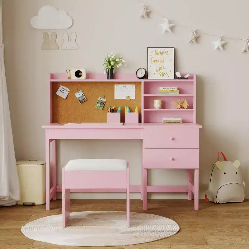 Ensemble bureau et chaise pour enfants, table d'étude en bois avec plateau inclinable réglable, tiroirs et tableau en liège - Ensemble de bureau scolaire pour enfants