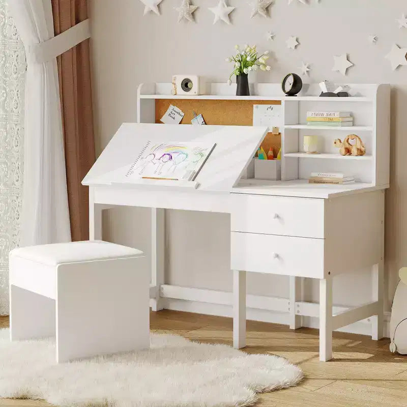 Ensemble bureau et chaise pour enfants, table d'étude en bois avec plateau inclinable réglable, tiroirs et tableau en liège - Ensemble de bureau scolaire pour enfants