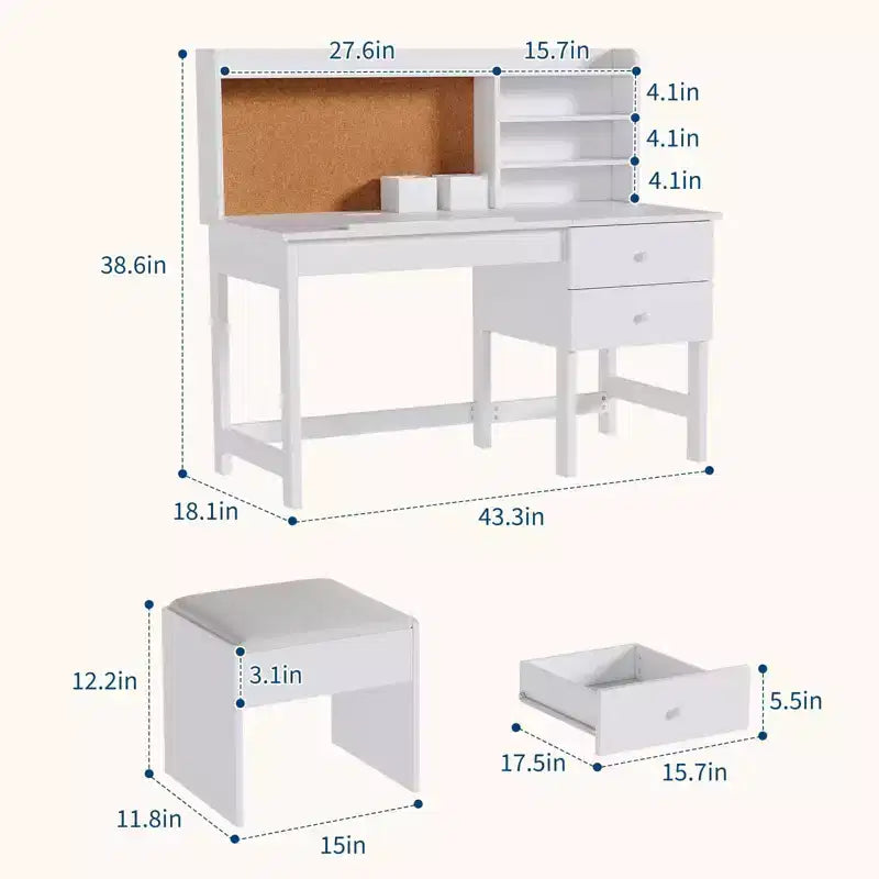 Ensemble bureau et chaise pour enfants, table d'étude en bois avec plateau inclinable réglable, tiroirs et tableau en liège - Ensemble de bureau scolaire pour enfants