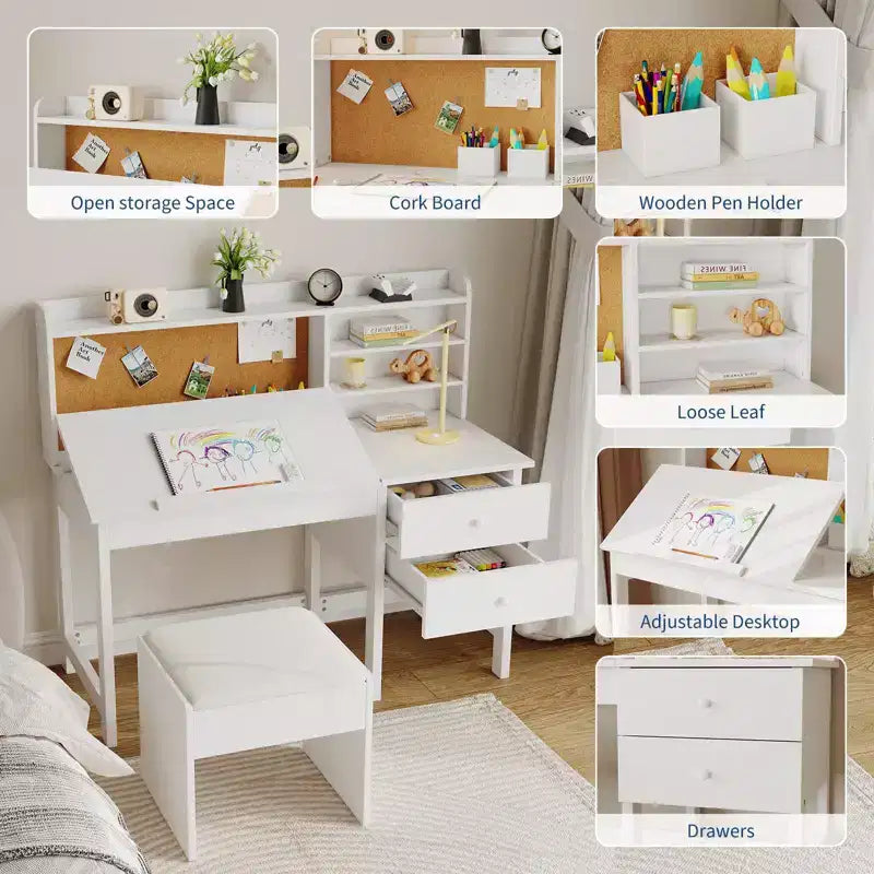 Ensemble bureau et chaise pour enfants, table d'étude en bois avec plateau inclinable réglable, tiroirs et tableau en liège - Ensemble de bureau scolaire pour enfants