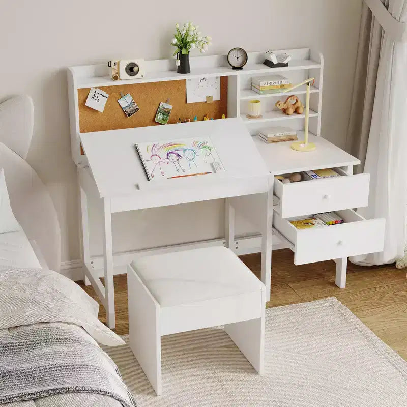 Ensemble bureau et chaise pour enfants, table d'étude en bois avec plateau inclinable réglable, tiroirs et tableau en liège - Ensemble de bureau scolaire pour enfants
