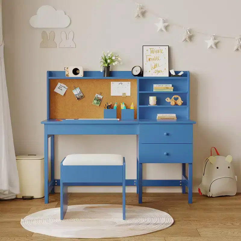 Ensemble bureau et chaise pour enfants, table d'étude en bois avec plateau inclinable réglable, tiroirs et tableau en liège - Ensemble de bureau scolaire pour enfants