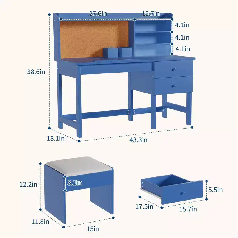 Ensemble bureau et chaise pour enfants, table d'étude en bois avec plateau inclinable réglable, tiroirs et tableau en liège - Ensemble de bureau scolaire pour enfants