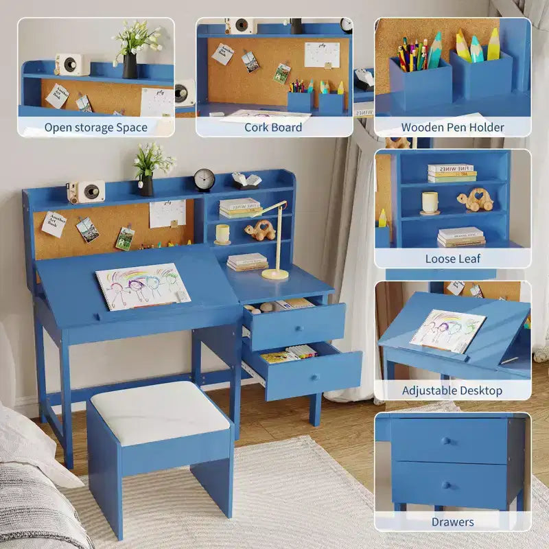 Ensemble bureau et chaise pour enfants, table d'étude en bois avec plateau inclinable réglable, tiroirs et tableau en liège - Ensemble de bureau scolaire pour enfants