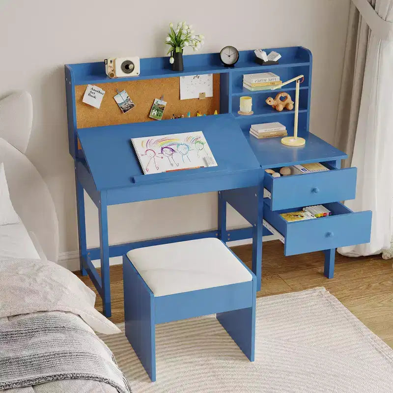Ensemble bureau et chaise pour enfants, table d'étude en bois avec plateau inclinable réglable, tiroirs et tableau en liège - Ensemble de bureau scolaire pour enfants