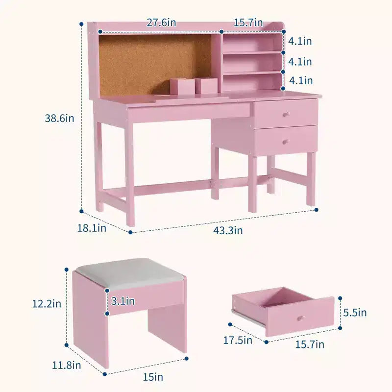 Ensemble bureau et chaise pour enfants, table d'étude en bois avec plateau inclinable réglable, tiroirs et tableau en liège - Ensemble de bureau scolaire pour enfants