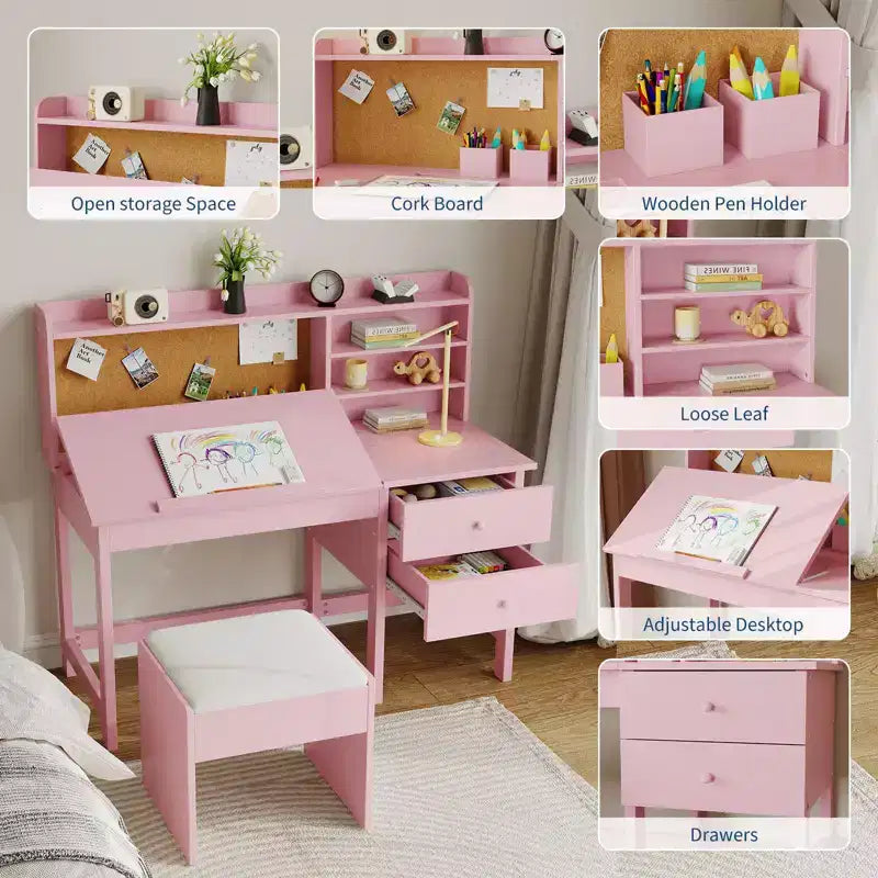 Ensemble bureau et chaise pour enfants, table d'étude en bois avec plateau inclinable réglable, tiroirs et tableau en liège - Ensemble de bureau scolaire pour enfants