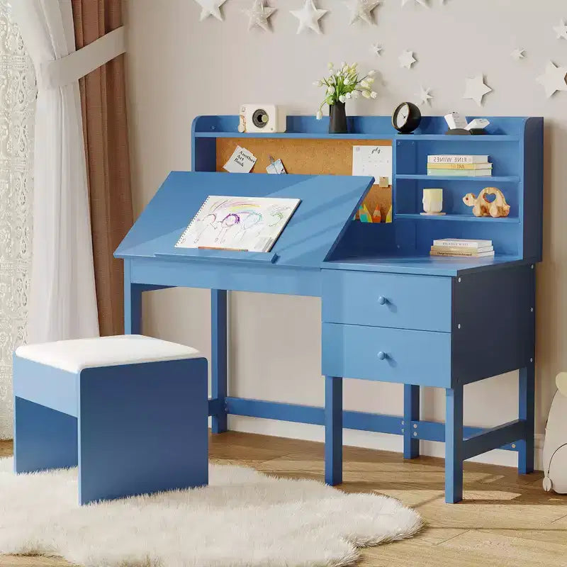 Kids Desk and Chair Set, Wooden Study Table with Adjustable Tilt Desktop, Drawers & Cork Board - Children School Learning Desk Set