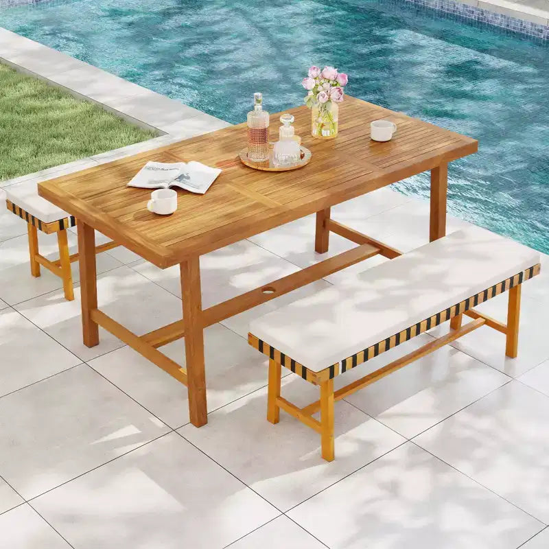 Ensemble repas de jardin 3 pièces Gymax : Table rectangulaire et 2 bancs avec trou pour parasol de 5 cm