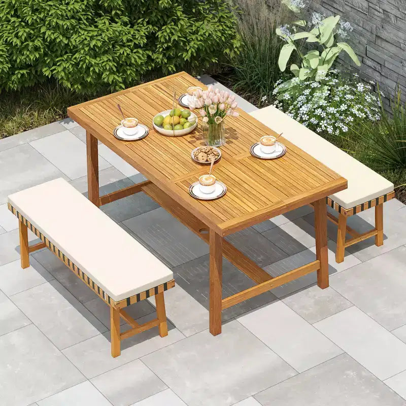 Ensemble repas de jardin 3 pièces Gymax : Table rectangulaire et 2 bancs avec trou pour parasol de 5 cm