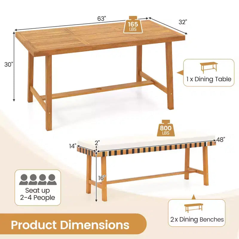 Ensemble repas de jardin 3 pièces Gymax : Table rectangulaire et 2 bancs avec trou pour parasol de 5 cm