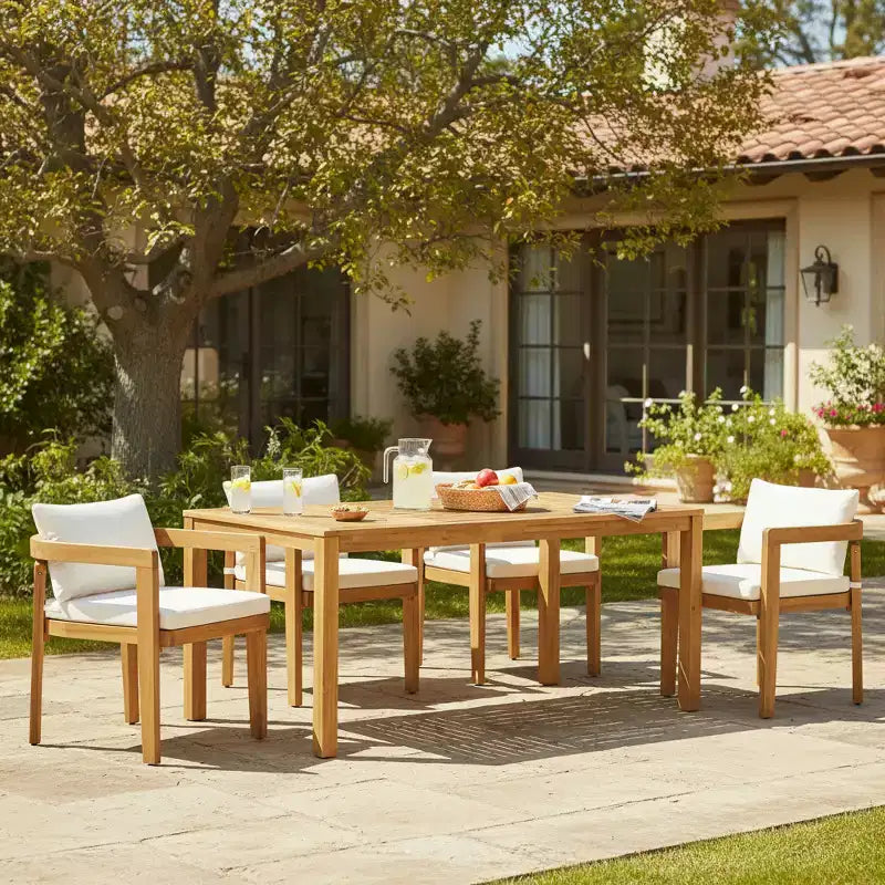 Christopher Knight Home Virote Modern 5 Piece Patio Acacia Wood Dining Set with Umbrella Hole and Slatted Table