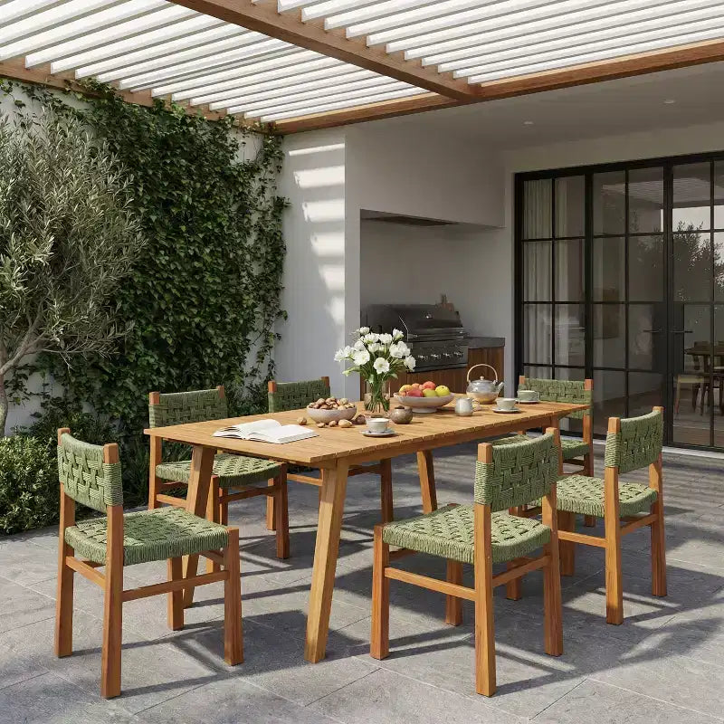 Christopher Knight Home Elvira 7 Piece Outdoor Rustic Woven Wicker Acacia Wood Dining Set