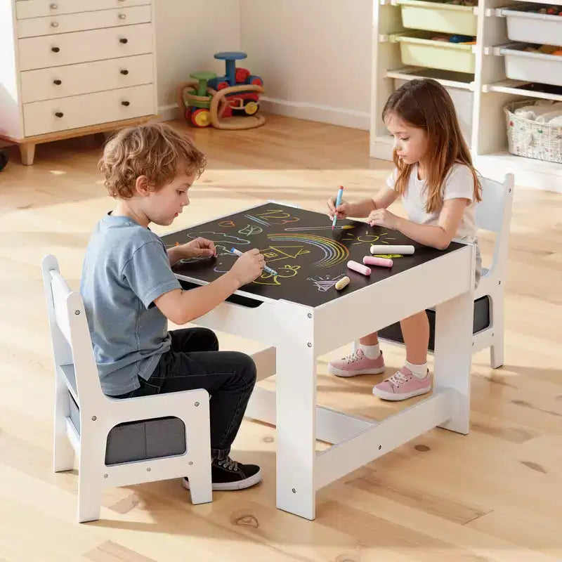 Table et 2 chaises VEVOR pour enfants, ensemble table et chaises pour tout-petits avec espace de rangement sous la table, boîte de rangement en tissu sous les chaises, blanc