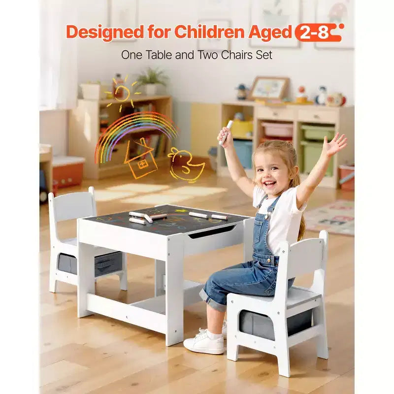 Table et 2 chaises VEVOR pour enfants, ensemble table et chaises pour tout-petits avec espace de rangement sous la table, boîte de rangement en tissu sous les chaises, blanc