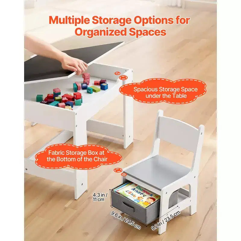 Table et 2 chaises VEVOR pour enfants, ensemble table et chaises pour tout-petits avec espace de rangement sous la table, boîte de rangement en tissu sous les chaises, blanc