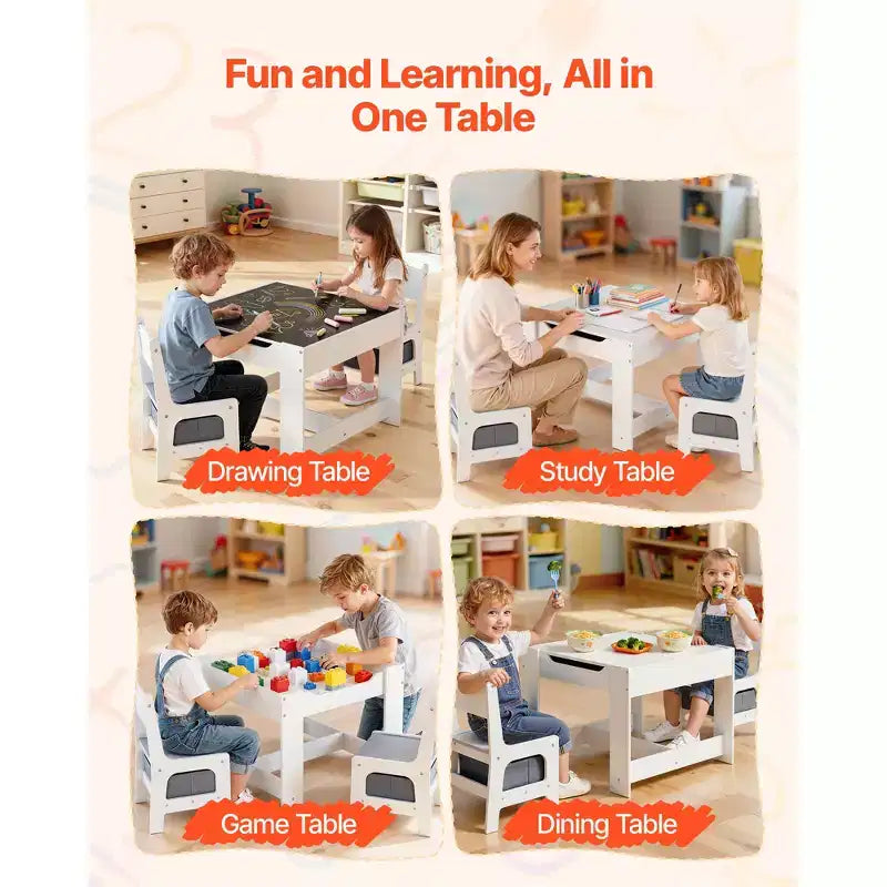 Table et 2 chaises VEVOR pour enfants, ensemble table et chaises pour tout-petits avec espace de rangement sous la table, boîte de rangement en tissu sous les chaises, blanc
