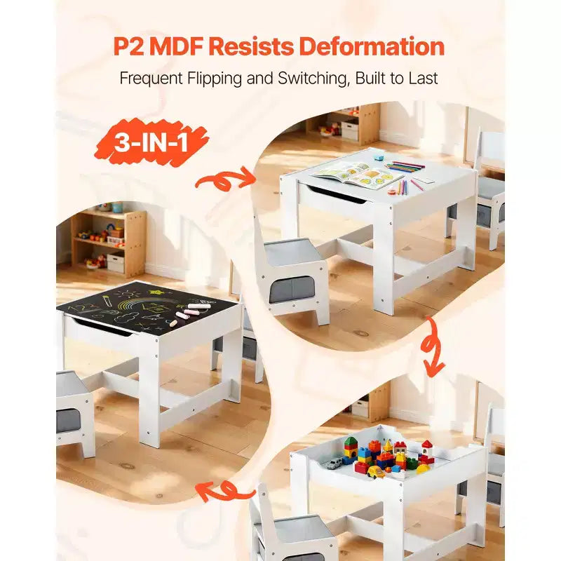 Table et 2 chaises VEVOR pour enfants, ensemble table et chaises pour tout-petits avec espace de rangement sous la table, boîte de rangement en tissu sous les chaises, blanc