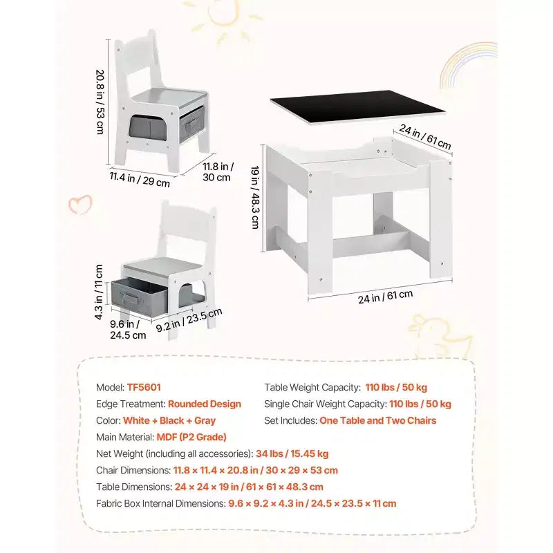 Table et 2 chaises VEVOR pour enfants, ensemble table et chaises pour tout-petits avec espace de rangement sous la table, boîte de rangement en tissu sous les chaises, blanc