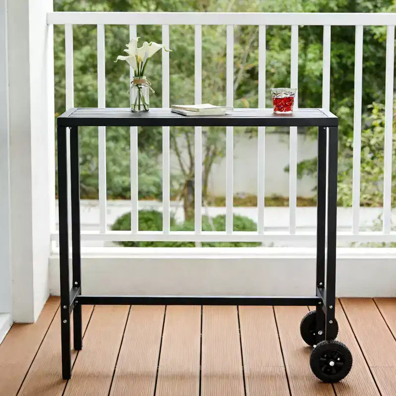 Table de bar mobile d'extérieur avec roulettes, plateau à lattes en métal étanche, table hauteur comptoir pour patio, piscine, jardin et cuisine