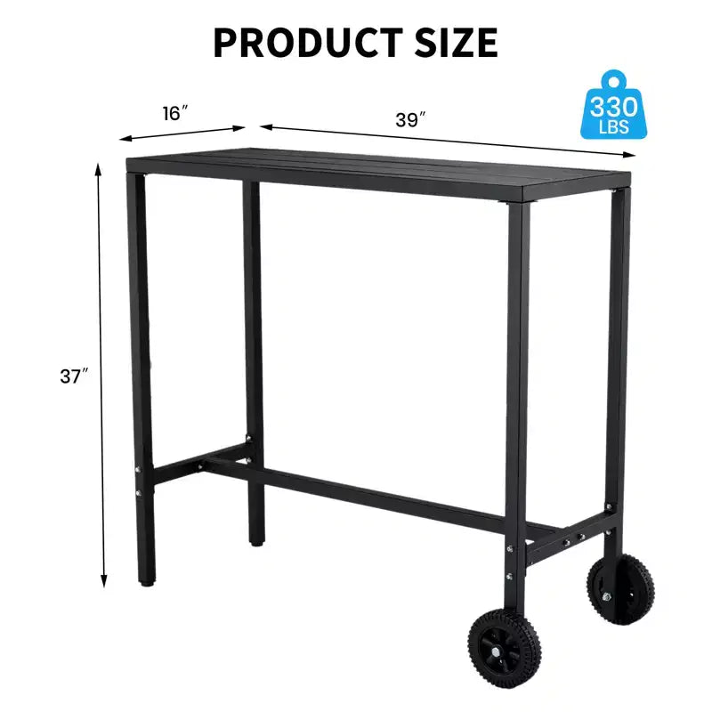 Table de bar mobile d'extérieur avec roulettes, plateau à lattes en métal étanche, table hauteur comptoir pour patio, piscine, jardin et cuisine