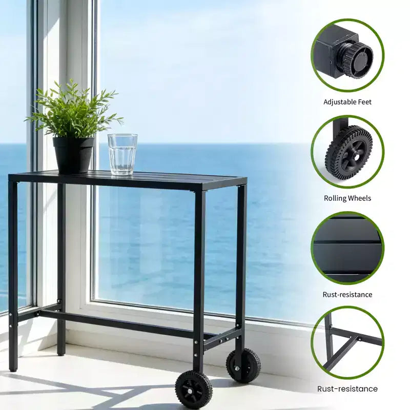 Table de bar mobile d'extérieur avec roulettes, plateau à lattes en métal étanche, table hauteur comptoir pour patio, piscine, jardin et cuisine