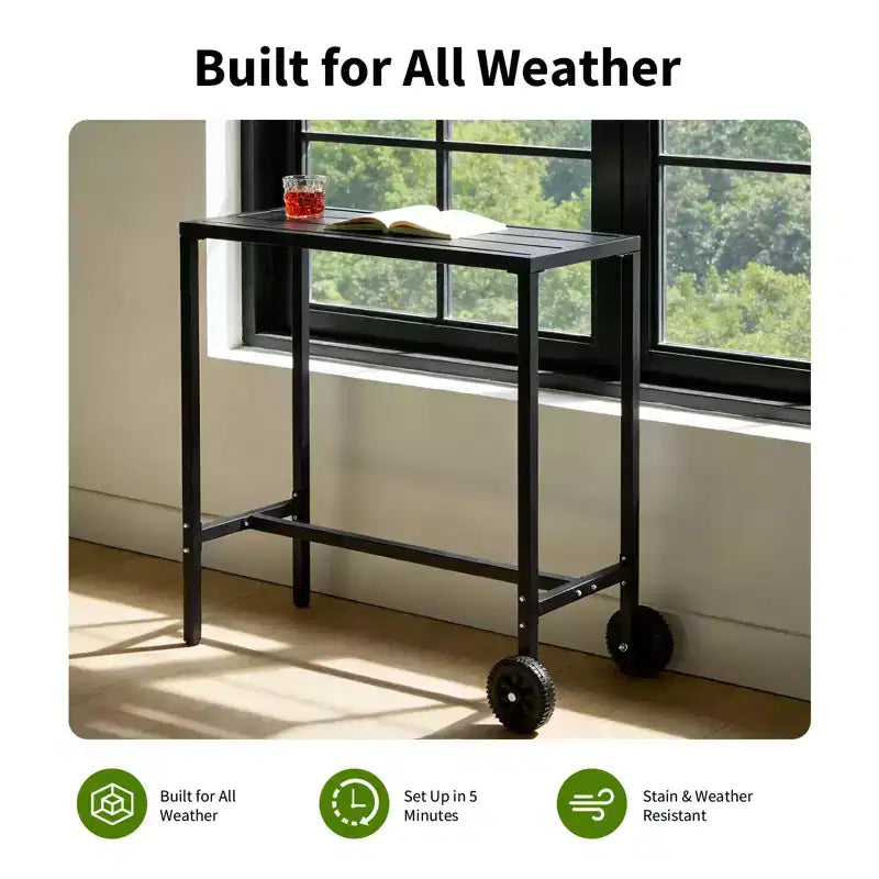 Table de bar mobile d'extérieur avec roulettes, plateau à lattes en métal étanche, table hauteur comptoir pour patio, piscine, jardin et cuisine