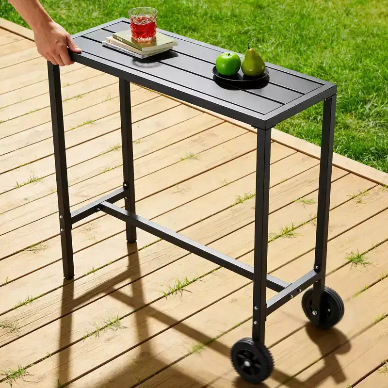 Table de bar mobile d'extérieur avec roulettes, plateau à lattes en métal étanche, table hauteur comptoir pour patio, piscine, jardin et cuisine