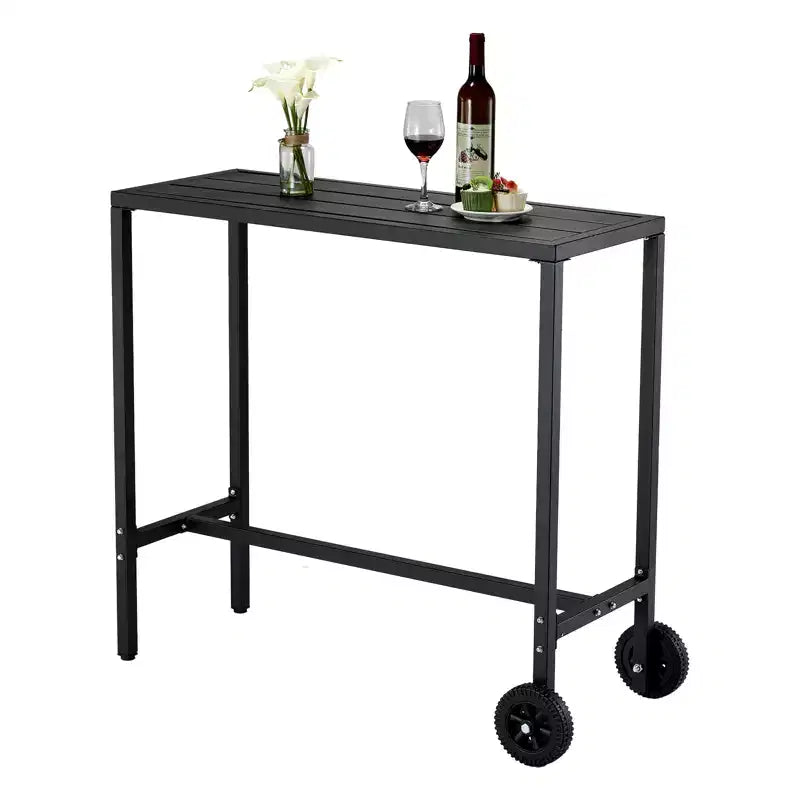 Table de bar mobile d'extérieur avec roulettes, plateau à lattes en métal étanche, table hauteur comptoir pour patio, piscine, jardin et cuisine