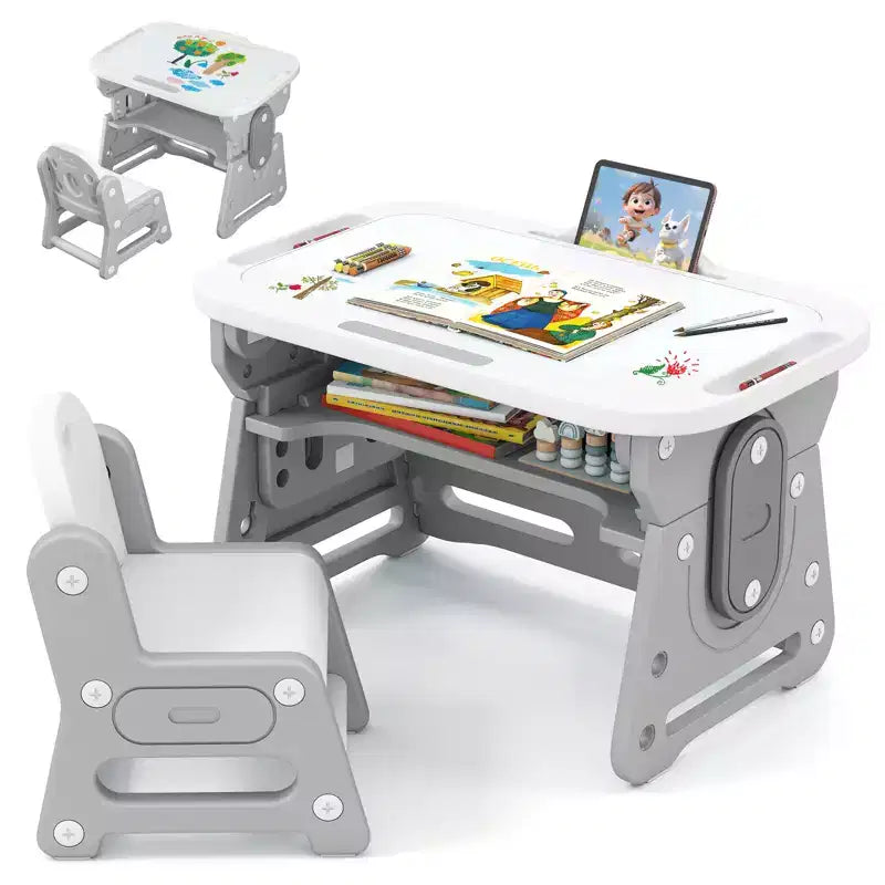 Costway Kids Table & Chair Set Height Adjustable Toddler Drawing Table w/ Book Stand