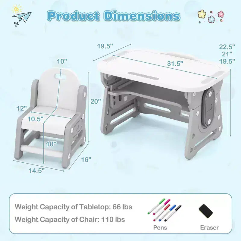Costway Ensemble Table et Chaises Enfants Réglable en Hauteur Table d'Activités pour Tout-Petits avec Porte-Livres