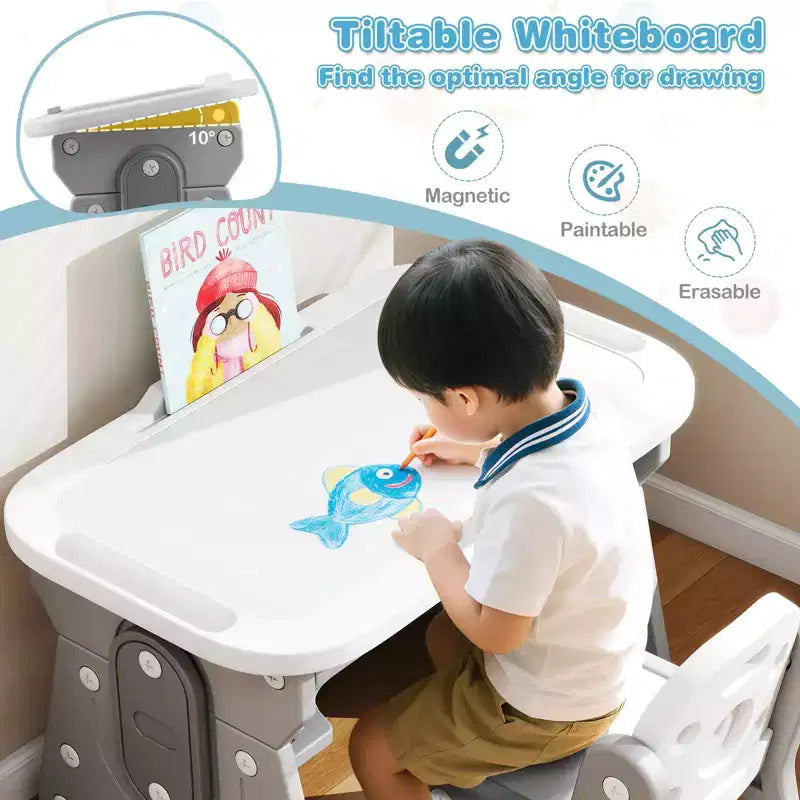 Costway Ensemble Table et Chaises Enfants Réglable en Hauteur Table d'Activités pour Tout-Petits avec Porte-Livres