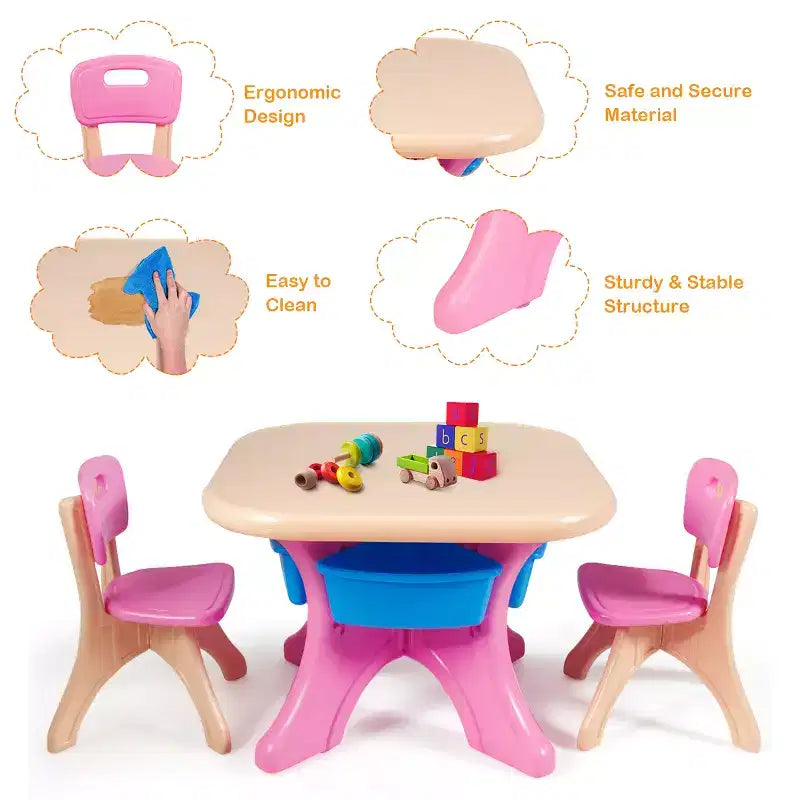 Costway Ensemble Table et 2 Chaises Enfants avec Rangement Rose
