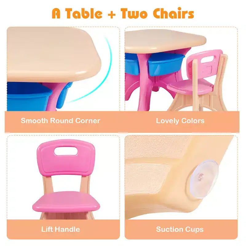 Costway Ensemble Table et 2 Chaises Enfants avec Rangement Rose