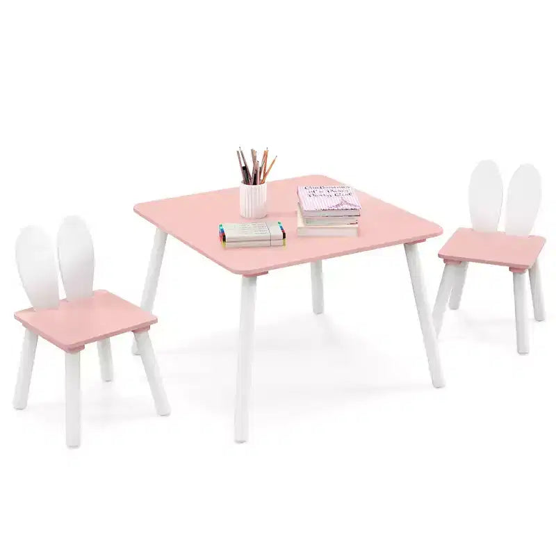 Costway 3 Pieces Kids Table & Chairs Set Children Wooden Furniture Set w/ Solid Wood Legs Pink