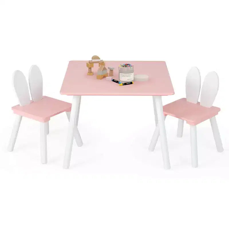 Costway Ensemble Table et Chaises pour Enfants 3 Pièces Meuble Enfant en Bois avec Pieds en Bois Massif Rose
