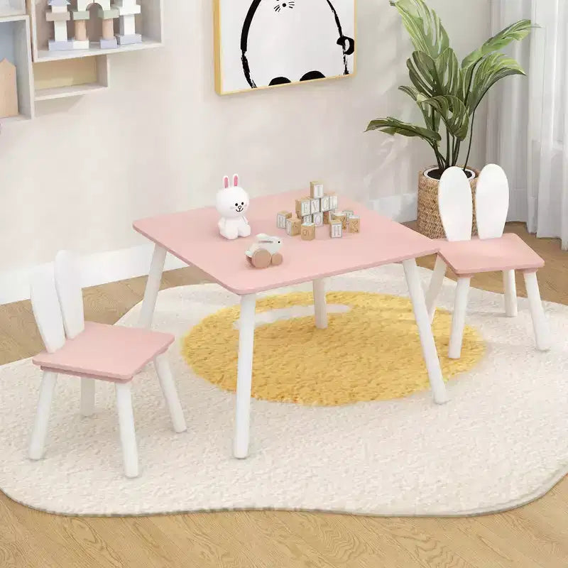 Costway Ensemble Table et Chaises pour Enfants 3 Pièces Meuble Enfant en Bois avec Pieds en Bois Massif Rose
