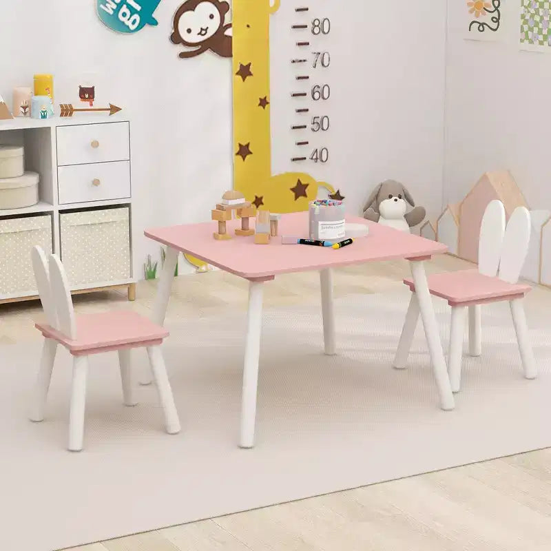 Costway Ensemble Table et Chaises pour Enfants 3 Pièces Meuble Enfant en Bois avec Pieds en Bois Massif Rose