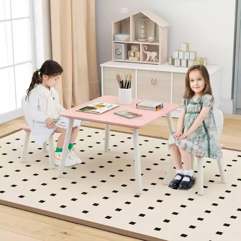 Costway Ensemble Table et Chaises pour Enfants 3 Pièces Meuble Enfant en Bois avec Pieds en Bois Massif Rose