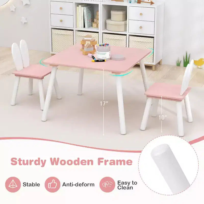 Costway Ensemble Table et Chaises pour Enfants 3 Pièces Meuble Enfant en Bois avec Pieds en Bois Massif Rose