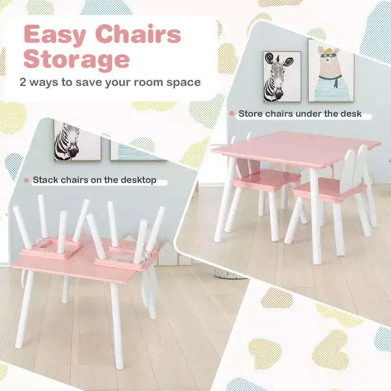 Costway Ensemble Table et Chaises pour Enfants 3 Pièces Meuble Enfant en Bois avec Pieds en Bois Massif Rose