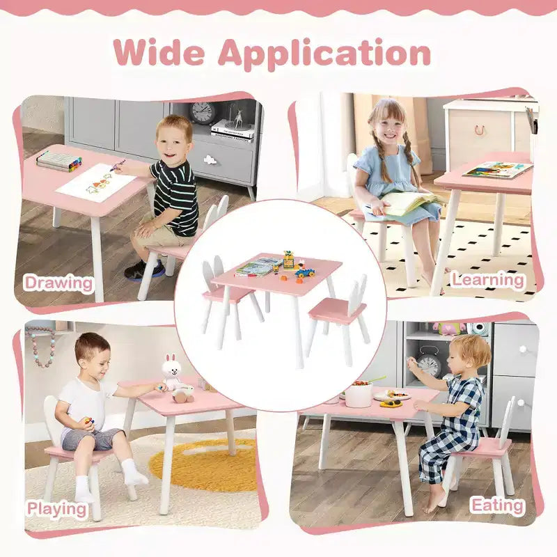 Costway Ensemble Table et Chaises pour Enfants 3 Pièces Meuble Enfant en Bois avec Pieds en Bois Massif Rose