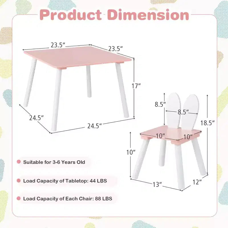 Costway Ensemble Table et Chaises pour Enfants 3 Pièces Meuble Enfant en Bois avec Pieds en Bois Massif Rose