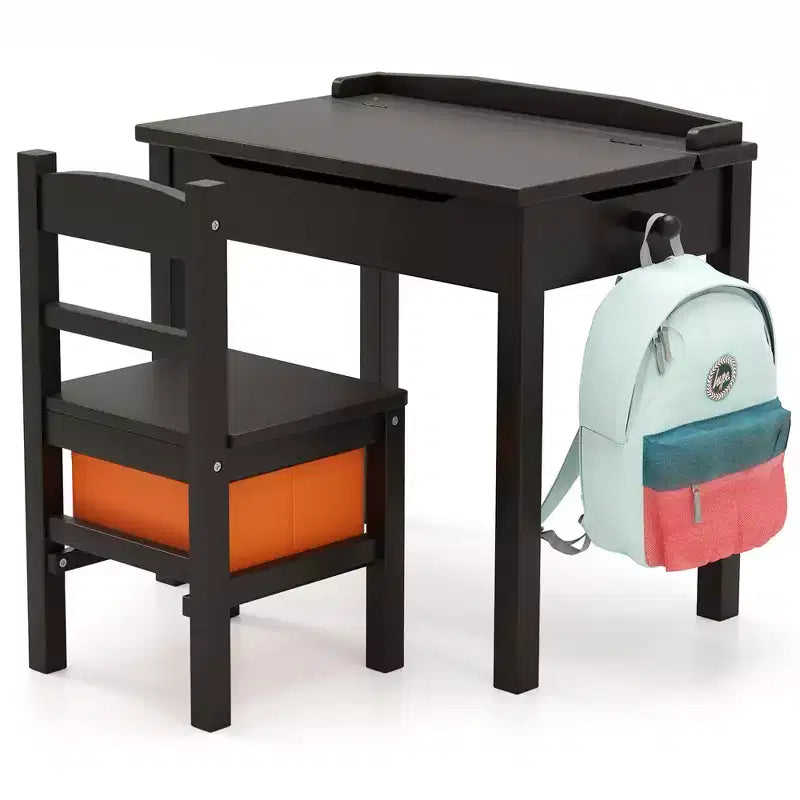 Costway Kids Table and Chair Set Wood Activity Study Desk w/ Storage Drawer Hook Brown