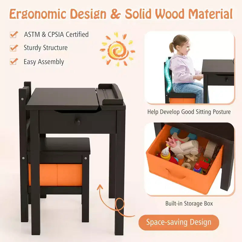 Costway Ensemble Table et Chaises pour Enfants Bureau d'Activité en Bois avec Tiroir de Rangement Crochet Marron